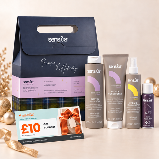 Sens.ús Christmas 2026 — Blonde Bright and Strong: Blonde Shampoo, Blonde Conditioner, yellow-accent Repair Thermo Milk 200ml, Rush 100ml and £10 SalonLove gift voucher