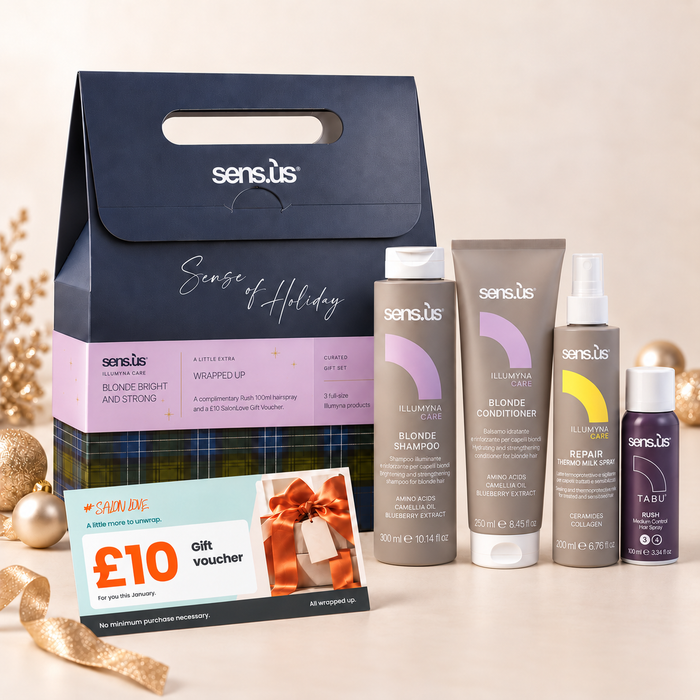 Sens.ús Christmas 2026 — Blonde Bright and Strong: Blonde Shampoo, Blonde Conditioner, yellow-accent Repair Thermo Milk 200ml, Rush 100ml and £10 SalonLove gift voucher