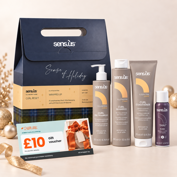 Sens.ús Christmas 2026 — Curl Reset: Curl Pre-Shampoo 200ml pump bottle, Curl Shampoo, Curl Conditioner, Rush 100ml and £10 SalonLove gift voucher