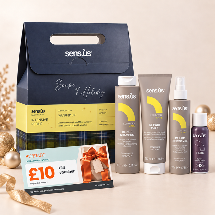 Sens.ús Christmas 2026 — Intensive Repair: Repair Shampoo, Repair Mask 250ml, Repair Thermo Milk, Rush 100ml and £10 SalonLove gift voucher