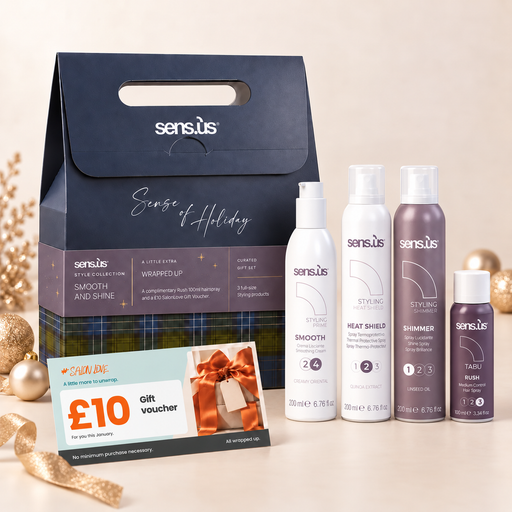 Sens.ús Christmas 2026 — Smooth and Shine: Smooth 24 pump bottle, Heat Shield, Shimmer, Rush 100ml and £10 SalonLove gift voucher