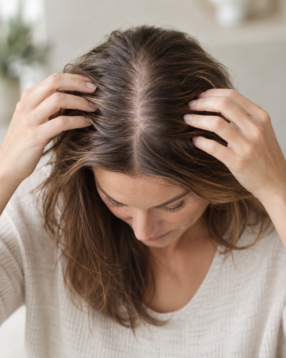 Woman checking thinning hair at the crown